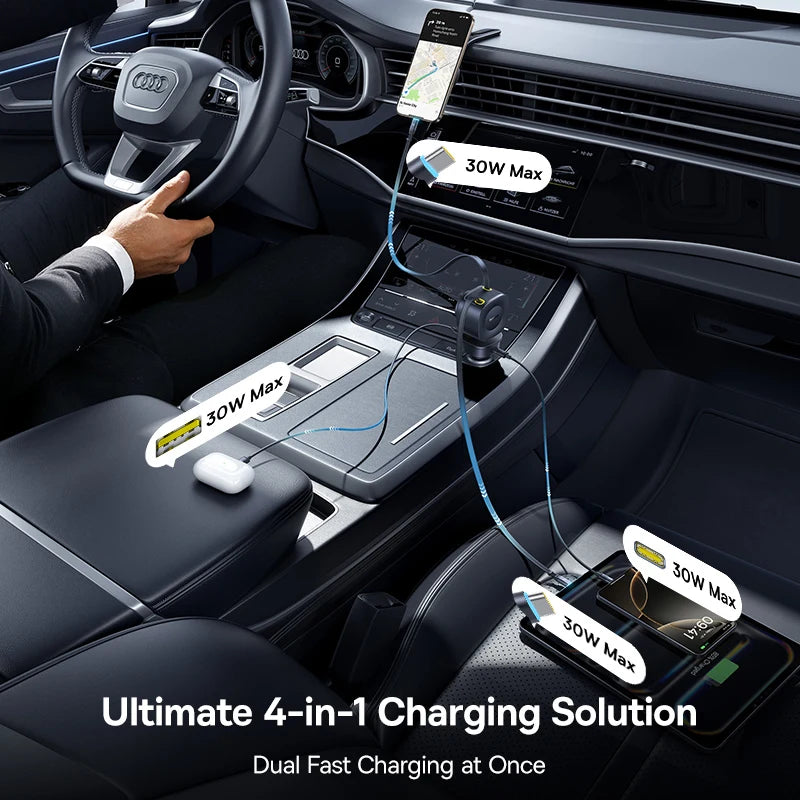 Baseus 240W 4-Port Car Charger with Retractable Cable
