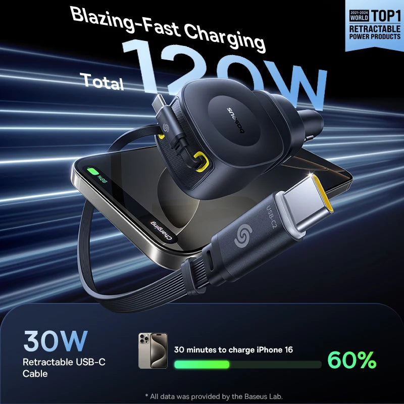 Baseus 240W 4-Port Car Charger with Retractable Cable