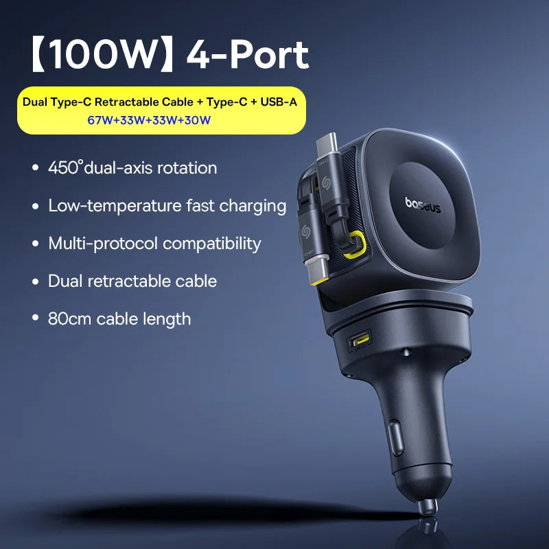 Baseus 240W 4-Port Car Charger with Retractable Cable