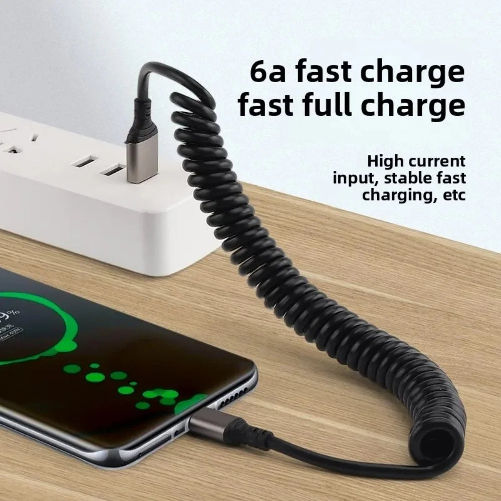 Super Fast Charge Car Spring Retractable Data Cable 6A Suitable For Universal USB Charging Line Storage Accessories