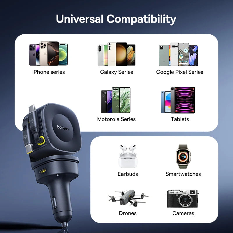 Baseus 240W 4-Port Car Charger with Retractable Cable