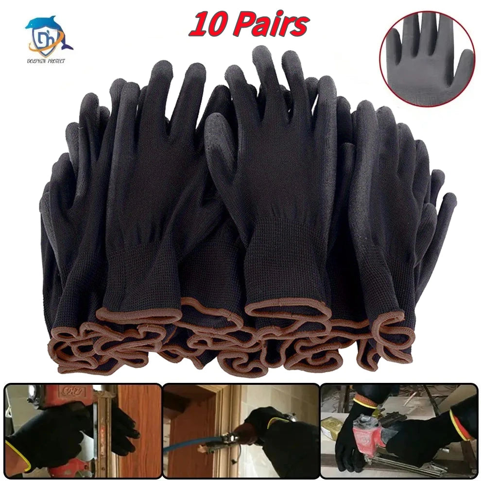 Lot de 10 paires de gants de sécurité noirs résistants - Antidérapants, résistants à l'usure et offrant une protection contre les décharges électrostatiques pour le jardinage et le travail du bois
