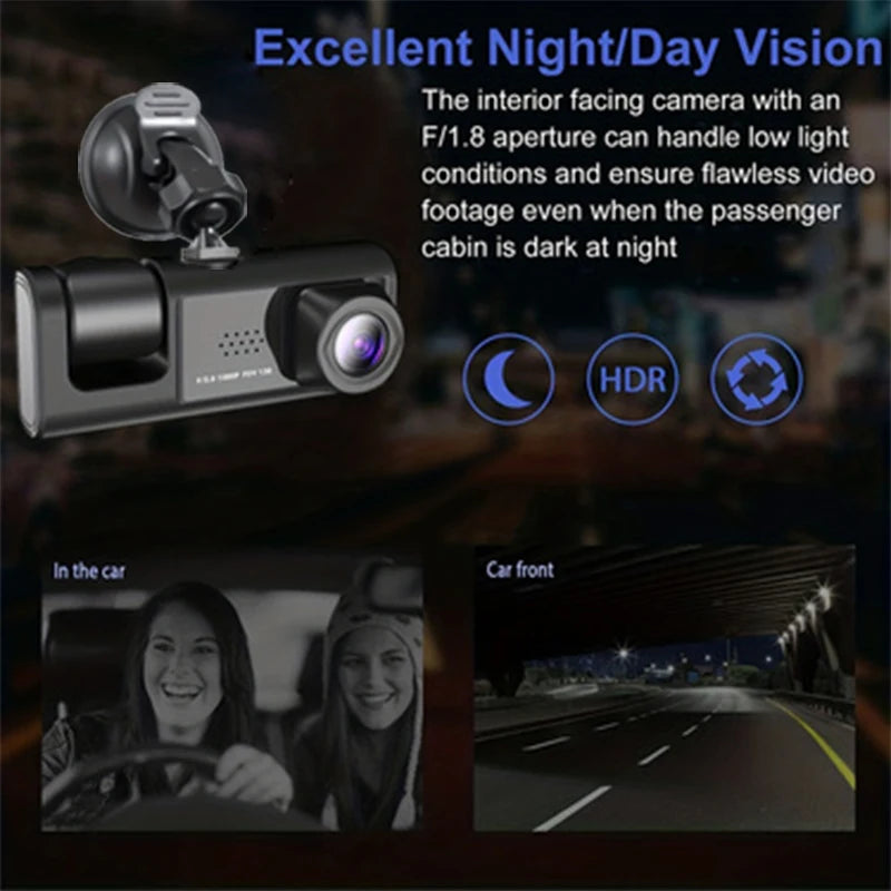 3-Camera Dash Cam 1080P with IR Night Vision & 2" Screen