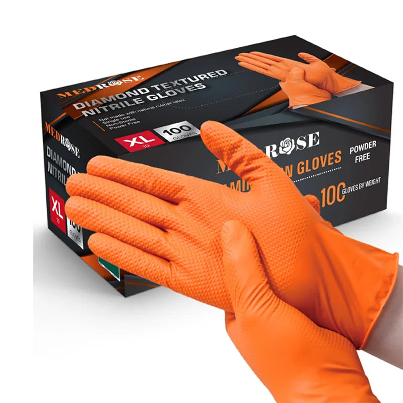 Gants de travail en nitrile de 8 mil d'épaisseur, jetables, à texture diamant antidérapante, adaptés à la maintenance et au nettoyage dans le secteur de la construction.
