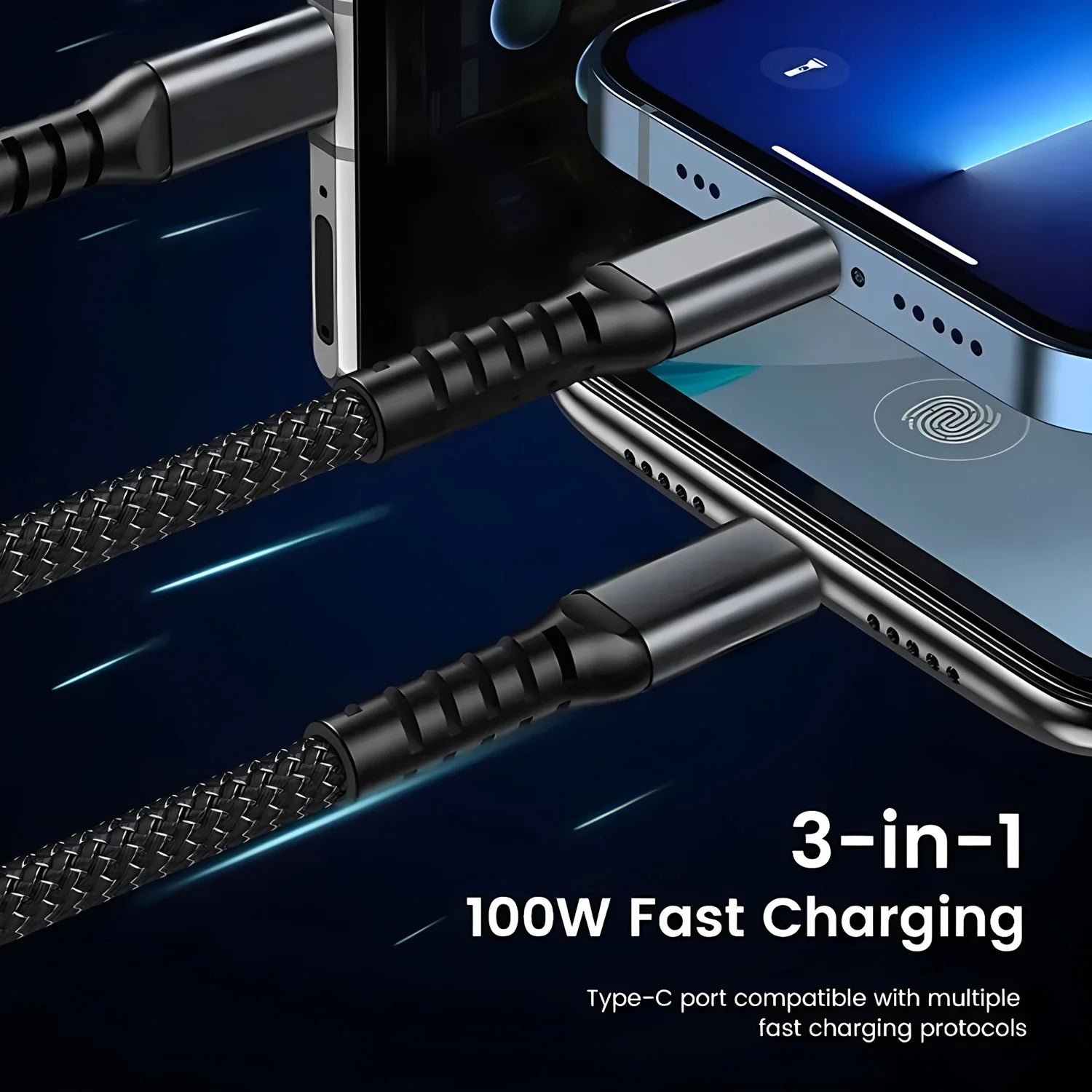 100-W-Schnellladekabel, Mehrfachladekabel, nylonummantelt, universelles 3-in-1-Ladekabel mit USB-Anschluss und USB-C-/Micro-USB-Anschluss