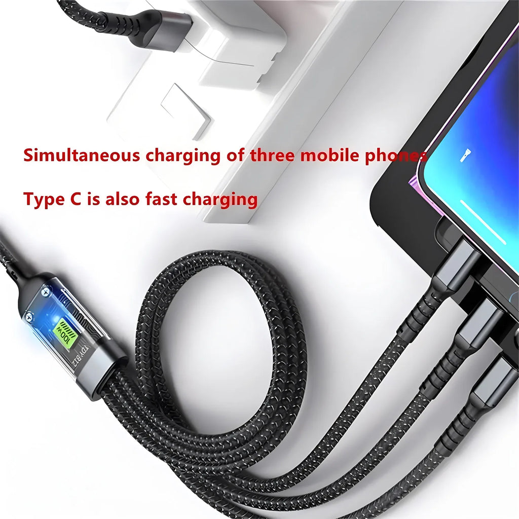 100-W-Schnellladekabel, Mehrfachladekabel, nylonummantelt, universelles 3-in-1-Ladekabel mit USB-Anschluss und USB-C-/Micro-USB-Anschluss