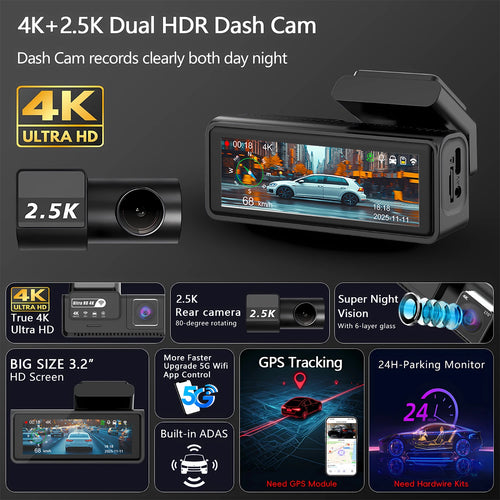 4K UHD GPS Dash Cam With Wi Fi And Night Vision, Wide Angle, Loop Recording, G Sensor, Parking Mode
