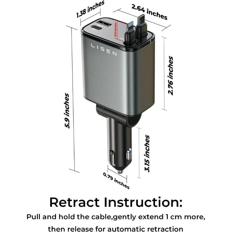 Retractable Car Charger Car Charger Adaptor 120W Fast Charge USB Type C Fast Charger Cable with Retractable Cords  QC Adapter
