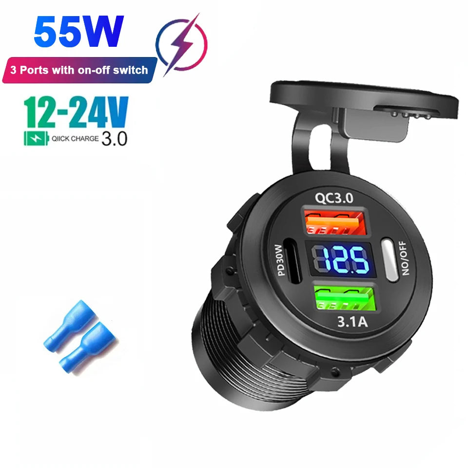 Car Charger Socket Dual Type-C & Dual USB 4Ports Fast Charging Socket Waterproof with Voltmeter 12V/24V For Car Boat Motorcycle