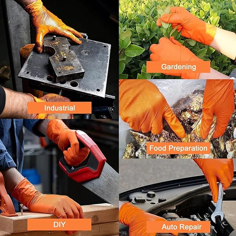 Gants de travail en nitrile de 8 mil d'épaisseur, jetables, à texture diamant antidérapante, adaptés à la maintenance et au nettoyage dans le secteur de la construction.
