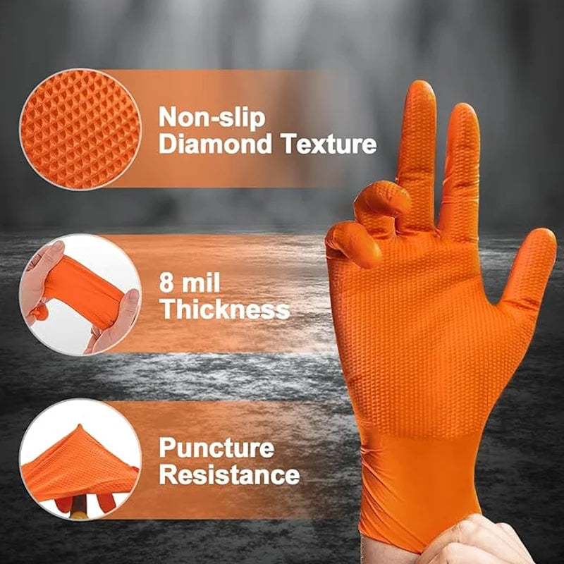 Gants de travail en nitrile de 8 mil d'épaisseur, jetables, à texture diamant antidérapante, adaptés à la maintenance et au nettoyage dans le secteur de la construction.