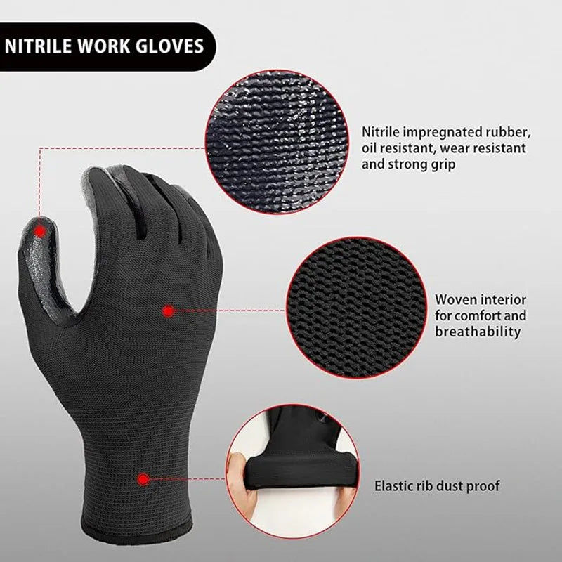 Lot de 10 paires de gants de sécurité noirs résistants - Antidérapants, résistants à l'usure et offrant une protection contre les décharges électrostatiques pour le jardinage et le travail du bois