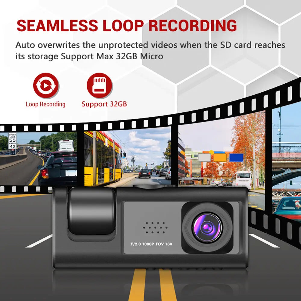 3-Camera Dash Cam 1080P with IR Night Vision & 2" Screen